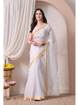 THE WEAVERS SHOP BY RAAVI - Pure Grace Off-White Cotton Golden Border Saree with Unstitched Blouse