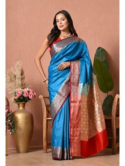 THE WEAVERS SHOP BY RAAVI - Regal Blue Banarasi Silk Blend Saree with Unstitched Blouse