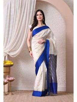 THE WEAVERS SHOP BY RAAVI - Off White Graceful Silk Blend Saree with Unstitched Blouse