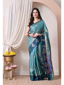 THE WEAVERS SHOP BY RAAVI - Sophisticated Sea Green Silk Blend Saree with Unstitched Blouse