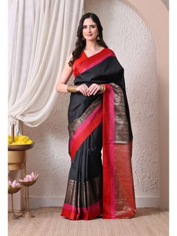 THE WEAVERS SHOP BY RAAVI - Midnight Black Silk Blend Crimson Saree with Unstitched Blouse
