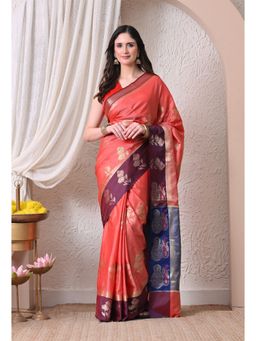 THE WEAVERS SHOP BY RAAVI - Vibrant Peach Silk Blend Saree with Unstitched Blouse