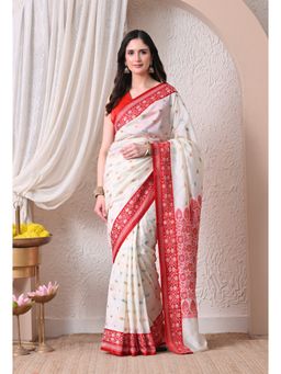 THE WEAVERS SHOP BY RAAVI - Elegant Off-White Silk Blend Woven Border Saree with Unstitched Blouse