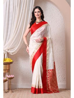 THE WEAVERS SHOP BY RAAVI - Off-White Silk Blend Saree with Unstitched Blouse