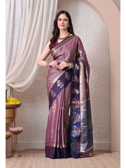THE WEAVERS SHOP BY RAAVI - Elegant Mauve Silk Blend Zari Motifs Saree with Unstitched Blouse