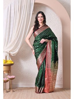 THE WEAVERS SHOP BY RAAVI - Elegant Bottle Green Silk Blend Banarasi Saree with Unstitched Blouse