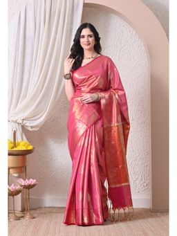 THE WEAVERS SHOP BY RAAVI - Pink Silk Blend Golden Zari Motifs Saree with Unstitched Blouse