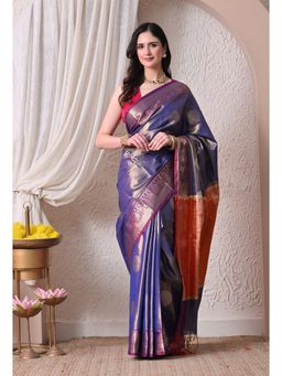 THE WEAVERS SHOP BY RAAVI - Regal Royal Blue Silk Blend Contrast Border Saree with Unstitched Blouse