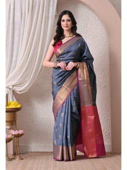 THE WEAVERS SHOP BY RAAVI - Regal Steel Grey Silk Blend Chanderi Style Saree with Unstitched Blouse