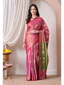 THE WEAVERS SHOP BY RAAVI - Rani Pink Silk Blend Gold Lotus Motifs Saree with Unstitched Blouse