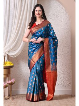 THE WEAVERS SHOP BY RAAVI - Silk Blend Peacock Blue and Crimson Red Saree with Unstitched Blouse