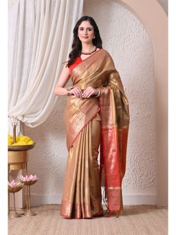 THE WEAVERS SHOP BY RAAVI - Silk Blend Metallic Gold and Crimson Red Saree with Unstitched Blouse