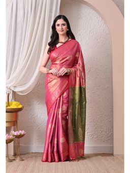 THE WEAVERS SHOP BY RAAVI - Vine Silk Blend Rani Pink and Moss Green Saree with Unstitched Blouse