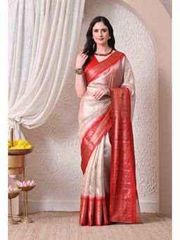 THE WEAVERS SHOP BY RAAVI - Silk Blend Ivory White and Vermilion Red Saree with Unstitched Blouse