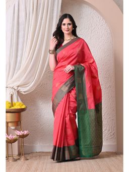 THE WEAVERS SHOP BY RAAVI - Silk Blend Coral Pink and Deep Olive Saree with Unstitched Blouse