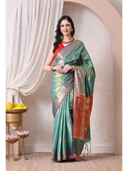 THE WEAVERS SHOP BY RAAVI - Silk Blend Seafoam Green and Coral Red Saree with Unstitched Blouse