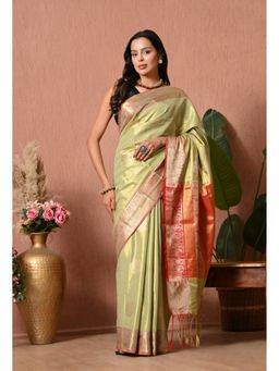 THE WEAVERS SHOP BY RAAVI - Silk Blend Pastel Olive and Coral Copper Saree with Unstitched Blouse