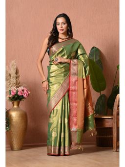 THE WEAVERS SHOP BY RAAVI - Silk Blend Olive Green and Crimson Rust Saree with Unstitched Blouse
