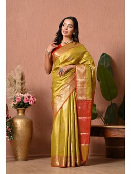 THE WEAVERS SHOP BY RAAVI - Elegant Olive Green Silk Blend Saree with Unstitched Blouse