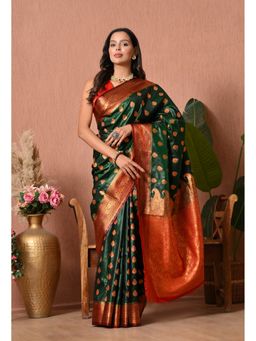 THE WEAVERS SHOP BY RAAVI - Green Silk Blend Banarasi Saree with Unstitched Blouse