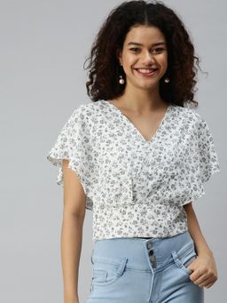 SHOWOFF - Women V-Neck Floral White Top