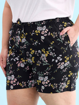 Go Colors - Womens Floral Printed Black Viscose Shorts