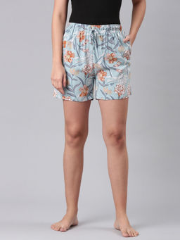 Go Colors - Womens Floral Printed Blue Viscose Shorts