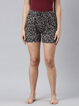 Go Colors - Womens Floral Printed Black Knit Shorts
