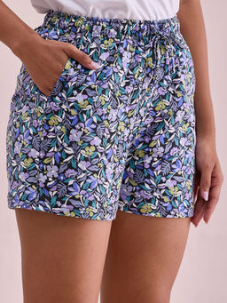 Go Colors - Womens Floral Printed Purple Cotton Knit Shorts