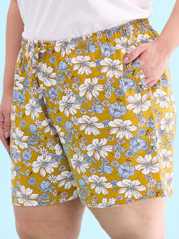Go Colors - Womens Floral Printed Yellow Cotton Knit Shorts