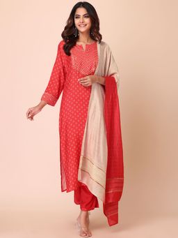 Indya - Red Bandhani Print Sequin Embroidered Muslin Kurta With Pants And Dupatta (Set of 3)