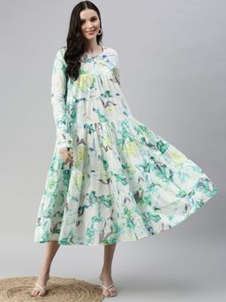 SHOWOFF - Womens Midi Abstract White Round Neck Fit And Flare Dress