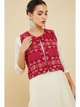 Soch - Women Red Rayon Embroidered Ethnic Jacket