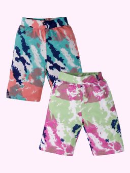 KiddoPanti - Multi-Color Girls All Over Printed Knee Length Cycling Shorts (Pack of 2)