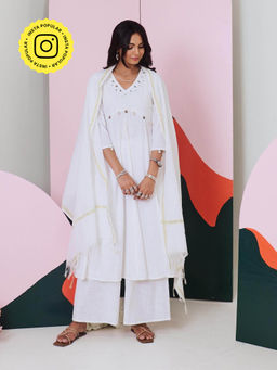 Gulaal - Ajuni White Mirror Embroidered Kurta Palazzo with Chanderi Dupatta (Set of 3)