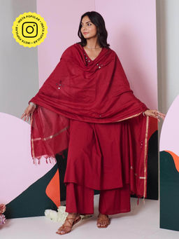 Gulaal - Ajuni Maroon Mirror Embroidered Kurta Palazzo with Chanderi Dupatta (Set of 3)