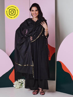 Gulaal - Ajuni Black Mirror Embroidered Kurta Palazzo with Chanderi Dupatta (Set of 3)