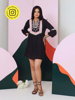 Gulaal - Veronica Black Mirror Work Short Dress With Lace Detailing