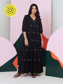 Gulaal - Piku Black Mirror Embroidered Tier Maxi Dress