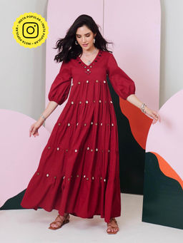 Gulaal - Piku Maroon Mirror Embroidered Tier Maxi Dress
