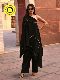 Gulaal - Tiana Black One Shoulder Kaftan-Pant (Set of 2)
