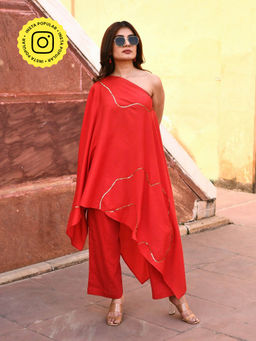 Gulaal - Tiana Red One Shoulder Kaftan-Pant (Set of 2)