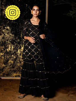 Gulaal - Vrinda Sequin Kurta with Sharara & Dupatta Black (Set of 3)