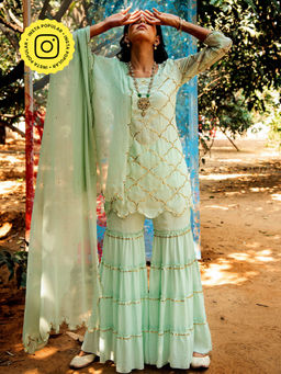 Gulaal - Samyuta Sequin Kurta with Sharara & Dupatta Green (Set of 3)