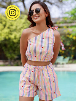 Gulaal - Stripe One Shoulder Top with Shorts (Set of 2)