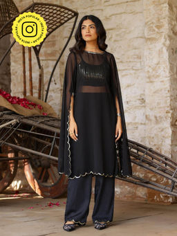 Gulaal - Black Sequin Detailed Georgette Kurta with Bralette and Pant (Set of 3)