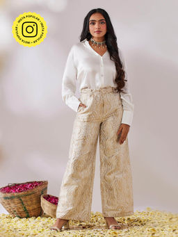 Gulaal - Prayag White Plain Shirt With Handwoven Brocade Pant (Set of 2)