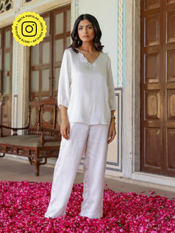 Gulaal - White Satin Angel Wing Sequin Top And Pant (Set of 2)