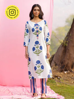 Gulaal - Abeer Blue Poppy Straight Fit Kurta with Pant (Set of 2)