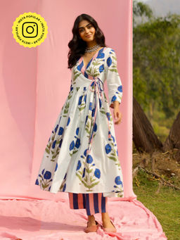 Gulaal - Phagun Blue Poppy Angrakha Kurta with Palazzo (Set of 2)